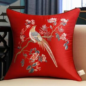 2 Pcs Satin Cushion Covers Chinese Embroidery Throw Pillow Cover Square Silk Pillowcase(Red B,50x50cm)(Red B,50x50cm)