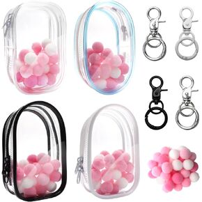 4PCS 3 Shapes Clear Figure Display Bag Keychain for Sonny Doll with 25P Random Colored Decorative Hairballs, 4 Colors Transparent Small Doll Bag for Showing Off Blind Boxes, Mini Figures