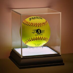 Softball Display Case with Led Light, UV Protected Cube with Wood Base Stand, Clear Acrylic Softball Holder for Single Autograph Ball