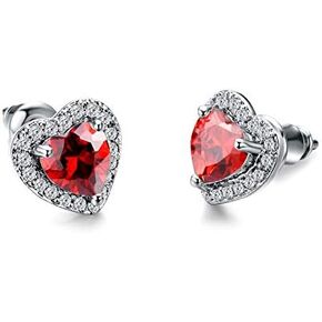 Sdouefos Love Heart Stud Earring 925 Sterling Silver Sparkling Zircon White Gold Plated Crystal Post Brilliant Round Faux Diamond Halo Earrings Jewelry Gifts for Women Red