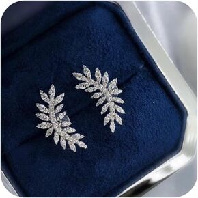 Sdouefos Women's Cubic Zirconia Elegant Bridal Floral Leaf Pierced Stud Earrings 14K Gold Plated Sterling Silver Post Brilliant Branch Faux Diamond Halo Earrings