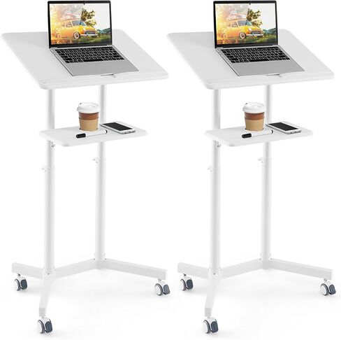 Giantex Mobile Laptop Podium, Height Adjustable Standing Desk with Storage Tray, Tilting Desktop, Home Office Classroom Pulpit Stand Up Desk, Rolling Laptop Cart Lecterns & Podiums for Church, White in Saudi Arabia
