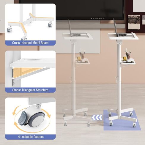 Giantex Mobile Laptop Podium, Height Adjustable Standing Desk with Storage Tray, Tilting Desktop, Home Office Classroom Pulpit Stand Up Desk, Rolling Laptop Cart Lecterns & Podiums for Church, White in Saudi Arabia
