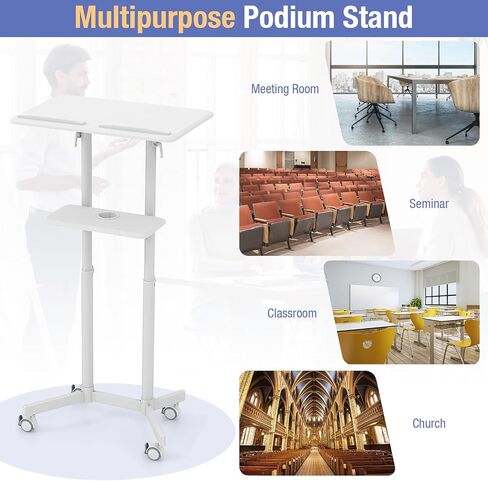 Giantex Mobile Laptop Podium, Height Adjustable Standing Desk with Storage Tray, Tilting Desktop, Home Office Classroom Pulpit Stand Up Desk, Rolling Laptop Cart Lecterns & Podiums for Church, White in Saudi Arabia