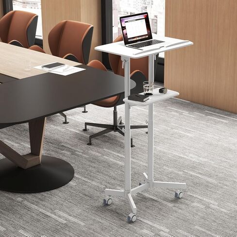 Giantex Mobile Laptop Podium, Height Adjustable Standing Desk with Storage Tray, Tilting Desktop, Home Office Classroom Pulpit Stand Up Desk, Rolling Laptop Cart Lecterns & Podiums for Church, White in Saudi Arabia