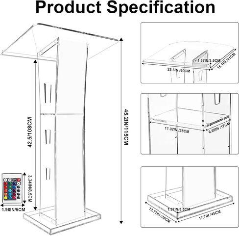 Acrylic Podium Stand, Ultra Clear 43'' Pulpits for Churches with 15 Color Adjustable, Modern Lectern with Storage Sheld for Church,Conference,Speech, 23.62"x 15.75"X 43.3" (Style 3) in Saudi Arabia