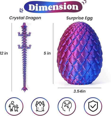 3D Printed Dragon Egg, Easter Mystery Crystal Dragon Egg Fidget Toys Surprise, Mythical Dragon Eggs with Dragon Inside, Easter Basket Stuffers Filled Easter Eggs Toy for Kids (Rainbow, Large) in Kuwait