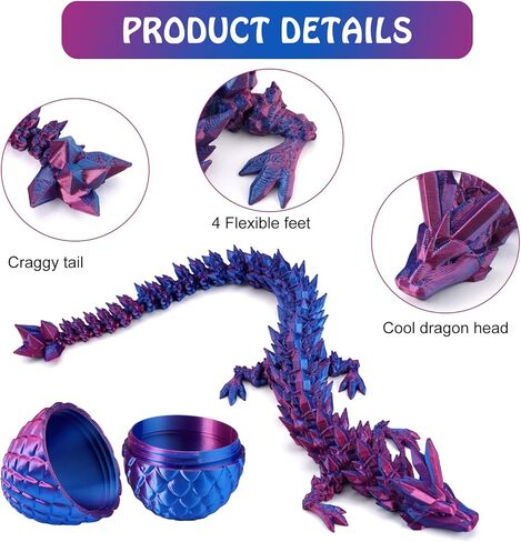 3D Printed Dragon Egg, Easter Mystery Crystal Dragon Egg Fidget Toys Surprise, Mythical Dragon Eggs with Dragon Inside, Easter Basket Stuffers Filled Easter Eggs Toy for Kids (Rainbow, Large) in Kuwait