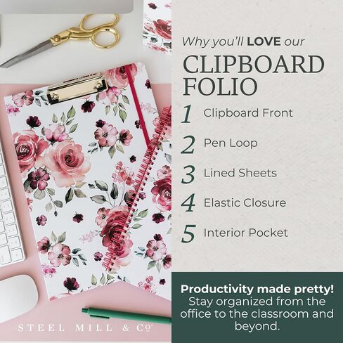 Steel Mill & Co Cute Clipboard Folio with Refillable Lined Notepad and Daily Planner Notepad, Double Notepad Clipboard Folder, 12.25" x 9.25" Padfolio for Work, Rose Floral in Saudi Arabia