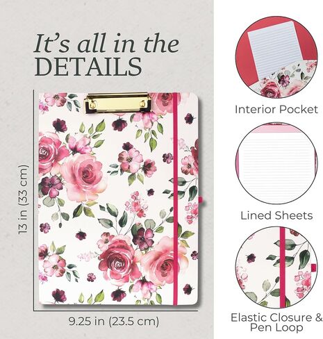 Steel Mill & Co Cute Clipboard Folio with Refillable Lined Notepad and Daily Planner Notepad, Double Notepad Clipboard Folder, 12.25" x 9.25" Padfolio for Work, Rose Floral in Saudi Arabia