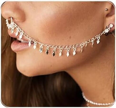Missgrace Boho الهندي الفضة الذهب سلسلة مثير شرابة الهندسة الأنف خواتم الأقراط هوب سلسلة شرابة الأنف سلسلة الحاجز غير ثقب الأنف تتدلى الأقراط للنساء in Kuwait