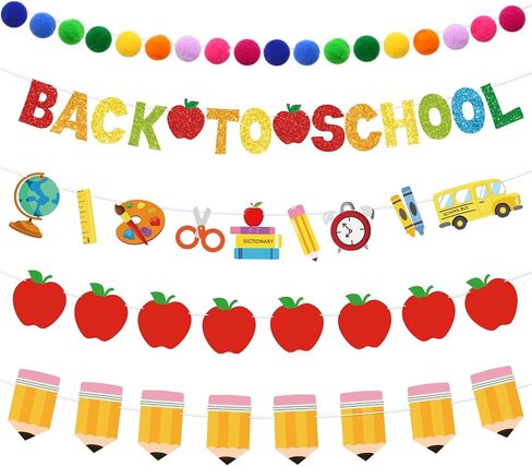 5pcs مرحبًا بك مرة أخرى في زخارف Garland School Contlulful Glittery Banner 9.8ft Apples Pencil Garland Pompom Ball Garland for Classroom First Day of School Party Supplies in Saudi Arabia