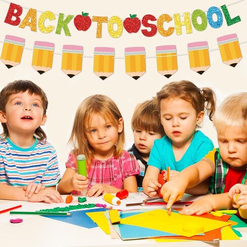 5pcs مرحبًا بك مرة أخرى في زخارف Garland School Contlulful Glittery Banner 9.8ft Apples Pencil Garland Pompom Ball Garland for Classroom First Day of School Party Supplies in Saudi Arabia
