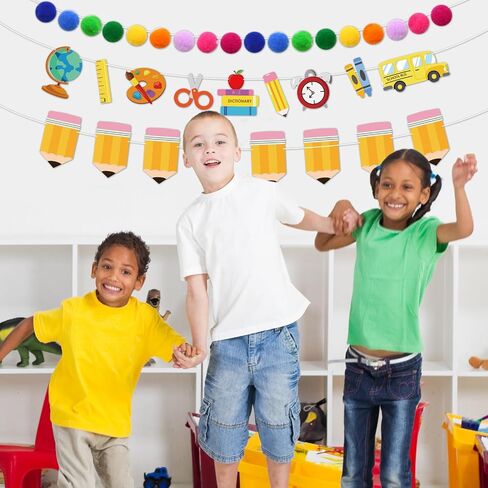 5pcs مرحبًا بك مرة أخرى في زخارف Garland School Contlulful Glittery Banner 9.8ft Apples Pencil Garland Pompom Ball Garland for Classroom First Day of School Party Supplies in Saudi Arabia