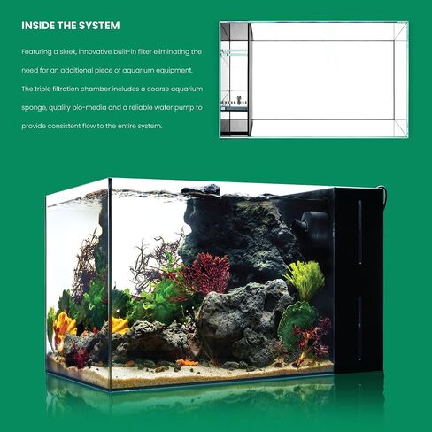 Ultum Nature Systems Dual AIO - Freshwater/Saltwater Compatible All in One Rimless Tank with Triple Chamber Filtration System, Integrated Filter Aquarium w/Leveling Mat - 9 Gallon, 45A, Black in Kuwait