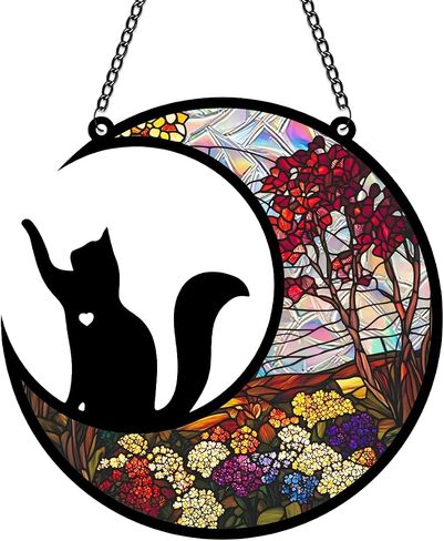 Cat Memery SunCatcher with Rainbow Layed Film for Windows Hanging, Pet Loss Sympathy Moon Floral Sun Catchers, Beautiful Pass Away Keepsake for Pet Lovers in Saudi Arabia