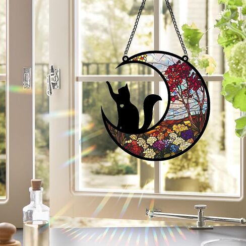 Cat Memery SunCatcher with Rainbow Layed Film for Windows Hanging, Pet Loss Sympathy Moon Floral Sun Catchers, Beautiful Pass Away Keepsake for Pet Lovers in Saudi Arabia