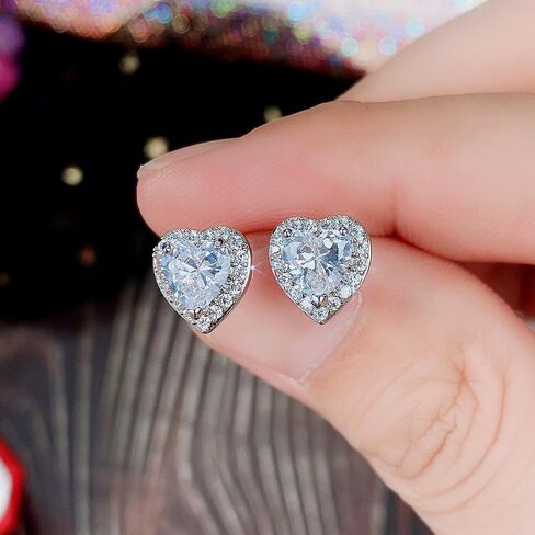 Sdouefos Love Heart Stud Earring 925 Sterling Silver Sparkling Zircon White Gold Plated Crystal Post Brilliant Round Faux Diamond Halo Earrings Jewelry Gifts for Women Red in Saudi Arabia