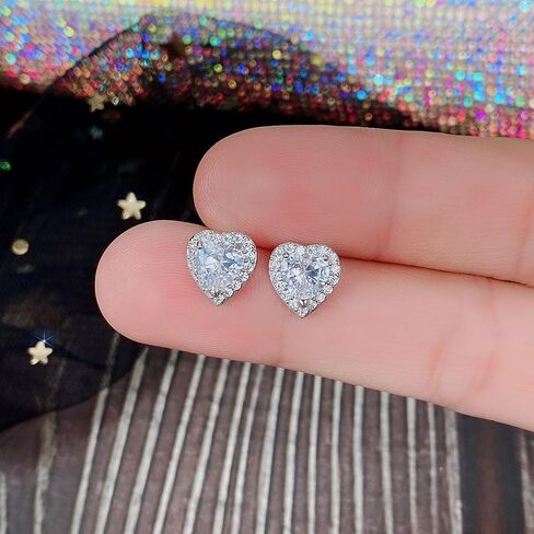 Sdouefos Love Heart Stud Earring 925 Sterling Silver Sparkling Zircon White Gold Plated Crystal Post Brilliant Round Faux Diamond Halo Earrings Jewelry Gifts for Women Red in Saudi Arabia