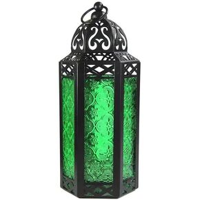 11.5" Moroccan Style Candle Lantern, Black Metal Frame, Orange Colored Glass Panels Great for Patio, Indoors/Outdoors, Events, Parties and Weddings (Orange)