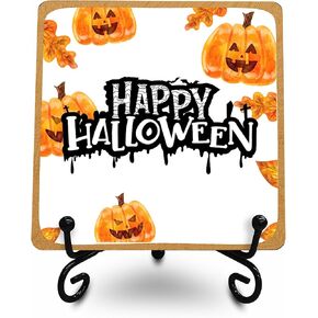 لافتة خشبية Happy Halloween، ألوان مائية، لوحة خشبية من فانوس اليقطين مع دعم معدني، ديكور منزلي على رف المنزل والمكتب - 10 in Kuwait
