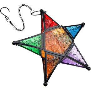 Modern Morocco Metal Art Candle Holders, Star Colorful Glass Christmas Holiday Home Wall Decor Lantern for Mantel Patio Garden with Hanging Loop- Black