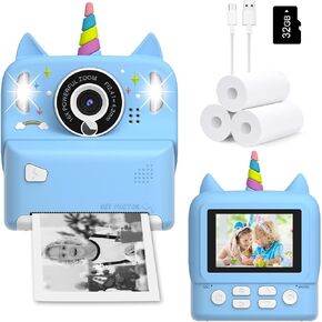 Instant Print Camera for Kids - Christmas Birthday Gift Toy for Girl Boy Age 3-9, Children Selfie Digital Cameras with Cartoon Soft Silicone Cover, Print Black White Photo with 32GB Card (Blue)