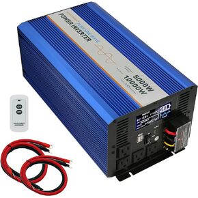 5000W Heavy Duty Pure Sine Wave Power Inverter peak-10000W,DC 12V to 110V,4xAC,2xUSB Port,18W Type-C Quick Charge Port,LCD Digital Display,Wireless Remote Control Switch,High Power Output Terminal