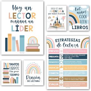 Hadley Designs 6 Boho Spanish Classroom Decorations High School-Spanish Classroom Posters Elementary, Decoracion De Area Para Salon De Lectura Posters, Rincon De Lectura Clases En Española
