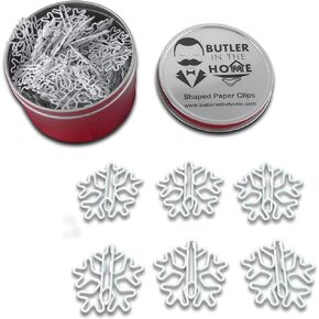 Butler in the Home 100 Count Snow Snowflake Shaped Paper Clips Great for Paper Clip Collectors or Office Gift - Comes in Round Tin with Lid and Gift Box - White