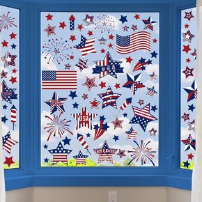 6 Sheets 4th of July Window Clings American Flag USA Star Firework Shape Window Art Decals 4th of July Window Decorations Patriotic Double Sided Window Stickers for Independence Day Decor