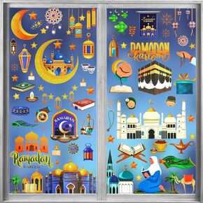 HOWAF 8 Sheets Ramadan Kareem Window Clings, Gold Eid Mubarak Party Decorations Window Stickers, Ramadan Mubarak Window Decals for Eid Holiday Window Decorations, Eid Home Decor Ornaments
