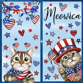 6 Sheets Patriotic Window Clings 4th of July American Flag Cat Star Stripe Window Stickers Red Blue Double-Side Static Window Decals for Independence Day School Home Party Decor