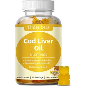 Cod Liver Oil Gummies 1000mg, Sugar Free for Adults & Kids, Omega-3s & Vitamin A&D for Brain, Cognitive, Heart & Eye, Bone Health, Gluten Free, Non GMO, Pectin, 60