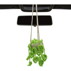 Crochet Hanging Plant for Car, Cute Plant Car Mirror Hanging Accessories for Office Home Car Decoration Interior Aesthetic Rearview Mirror Car Hanging Pendant Ornament (Dark Green)