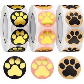 1500 Pieces Paw Prints Stickers, Dog Paw Print Round Gold Foil Roll 1 Inch Self-Adhesive Pet Paw Labels Animal Paw Shape Wall Decal Puppy Paw Stickers Roll for Kids, Parties, Vets, Kennels, Mailing