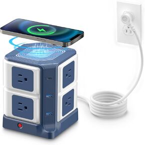 USB Power Strip with Wireless Charger BESTEK 8-Outlet Surge Protector and 40W 6-Port USB Charging Dock Station,1500 Joules,ETL Listed,Dorm Room Accessories (8AC+6USB+Wireless Charger-Black)