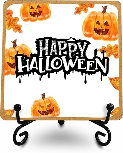 لافتة خشبية Happy Halloween، ألوان مائية، لوحة خشبية من فانوس اليقطين مع دعم معدني، ديكور منزلي على رف المنزل والمكتب - 10 in Kuwait