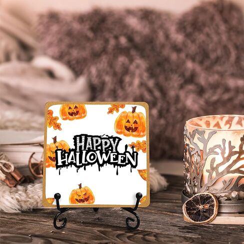 لافتة خشبية Happy Halloween، ألوان مائية، لوحة خشبية من فانوس اليقطين مع دعم معدني، ديكور منزلي على رف المنزل والمكتب - 10 in Kuwait