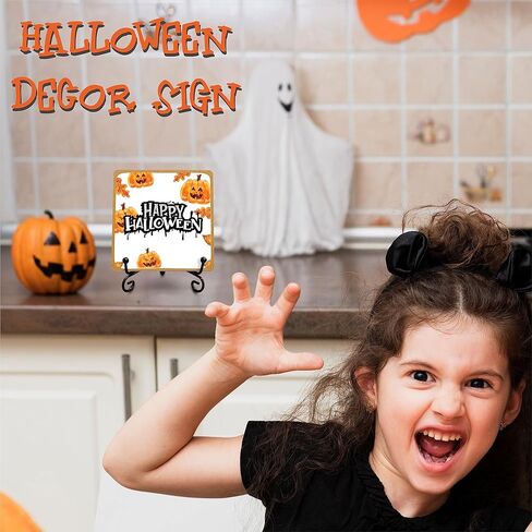لافتة خشبية Happy Halloween، ألوان مائية، لوحة خشبية من فانوس اليقطين مع دعم معدني، ديكور منزلي على رف المنزل والمكتب - 10 in Kuwait