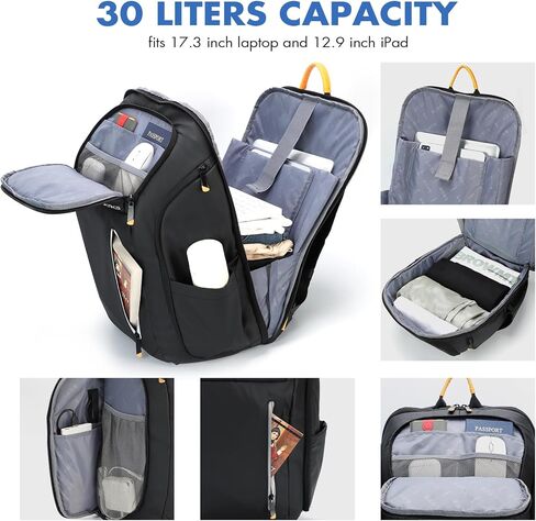 حقيبة ظهر للأعمال للرجال - حقيبة ظهر مقاومة للماء تناسب الكمبيوتر المحمول مقاس 17.3 بوصة، حقيبة ظهر للسفر من النايلون 900D مع منفذ شحن USB وجيب مضاد للسرقة، حقيبة ظهر ذكية سوداء سعة 30 لترًا in Kuwait