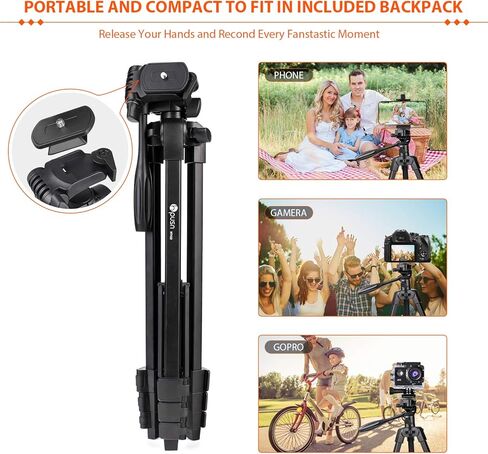 حامل الهاتف الخلوي: حامل ثلاثي من الألومنيوم HPUSN مقاس 55 بوصة قابل للتعديل وخفيف الوزن مع حامل تثبيت للهاتف يدور 360 درجة، متوافق مع الهاتف الخلوي والكاميرا لتسجيل الفيديو والبث المباشر in Kuwait