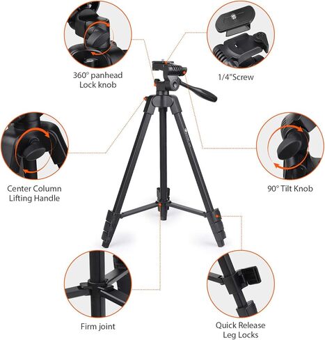 حامل الهاتف الخلوي: حامل ثلاثي من الألومنيوم HPUSN مقاس 55 بوصة قابل للتعديل وخفيف الوزن مع حامل تثبيت للهاتف يدور 360 درجة، متوافق مع الهاتف الخلوي والكاميرا لتسجيل الفيديو والبث المباشر in Kuwait