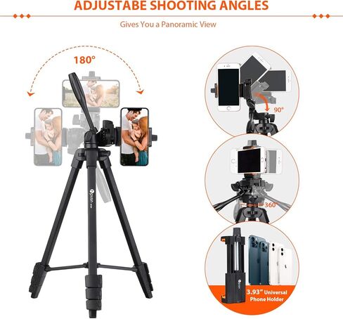 حامل الهاتف الخلوي: حامل ثلاثي من الألومنيوم HPUSN مقاس 55 بوصة قابل للتعديل وخفيف الوزن مع حامل تثبيت للهاتف يدور 360 درجة، متوافق مع الهاتف الخلوي والكاميرا لتسجيل الفيديو والبث المباشر in Kuwait