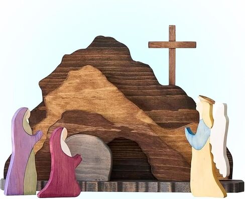 2024 Wood encolor Easter Jesus Nativity Scene Decor， Easter Resurrection Scene Set， Easter Cross Empty Tomb StatueReligious Decorations (1 Set) in Saudi Arabia