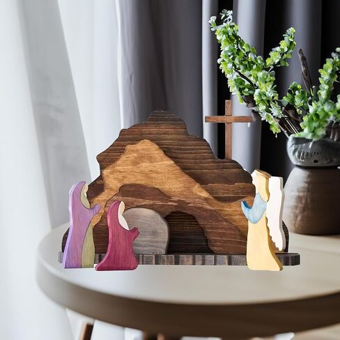 2024 Wood encolor Easter Jesus Nativity Scene Decor， Easter Resurrection Scene Set， Easter Cross Empty Tomb StatueReligious Decorations (1 Set) in Saudi Arabia