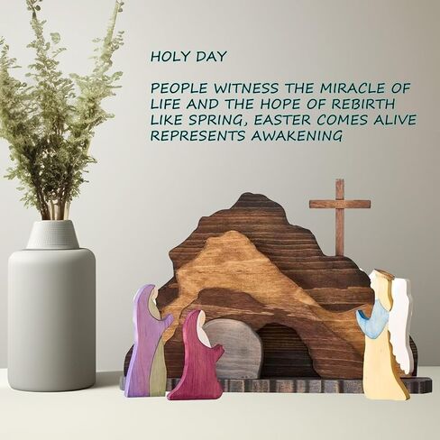 2024 Wood encolor Easter Jesus Nativity Scene Decor， Easter Resurrection Scene Set， Easter Cross Empty Tomb StatueReligious Decorations (1 Set) in Saudi Arabia