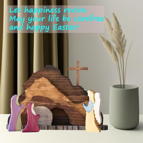 2024 Wood encolor Easter Jesus Nativity Scene Decor， Easter Resurrection Scene Set， Easter Cross Empty Tomb StatueReligious Decorations (1 Set) in Saudi Arabia