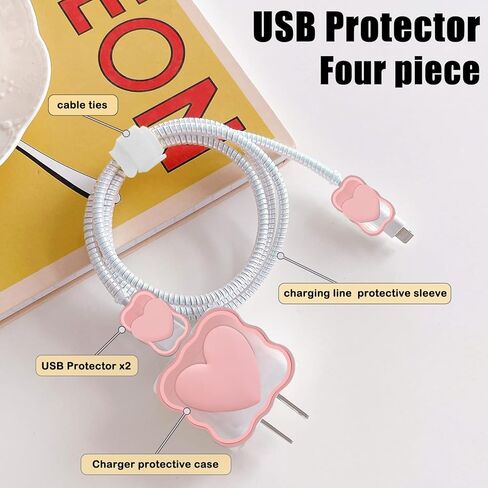 واقي كابل لطيف DIY لشاحن iPhone، تصميم قلب الحب ثلاثي الأبعاد كاواي، كابل بيانات شاحن USB خط بيانات سلك الهاتف واقي موفر مناسب لهاتف iPhone 11 12 13 14 Pro Max XS XR X 7 8 Plus-وردي in Kuwait