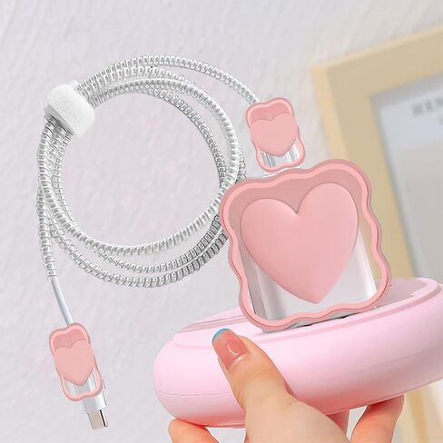 واقي كابل لطيف DIY لشاحن iPhone، تصميم قلب الحب ثلاثي الأبعاد كاواي، كابل بيانات شاحن USB خط بيانات سلك الهاتف واقي موفر مناسب لهاتف iPhone 11 12 13 14 Pro Max XS XR X 7 8 Plus-وردي in Kuwait